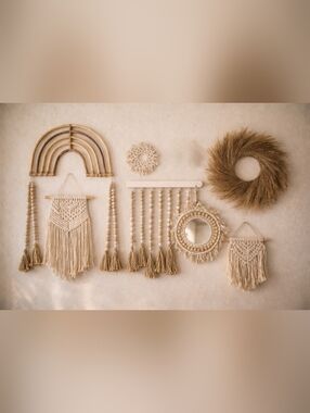 Boho Wall 9 Piece Decor Bundle | Macrame + Beaded Garland + Rattan + Mirror Set